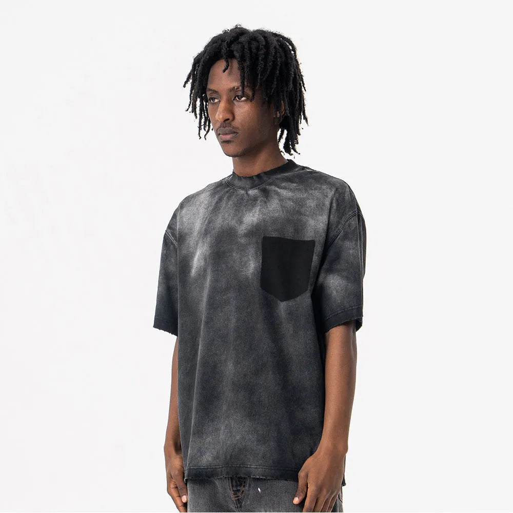 Men's black cotton T-shirt with printed letters, loose street style, and drop-shoulder sleeves
