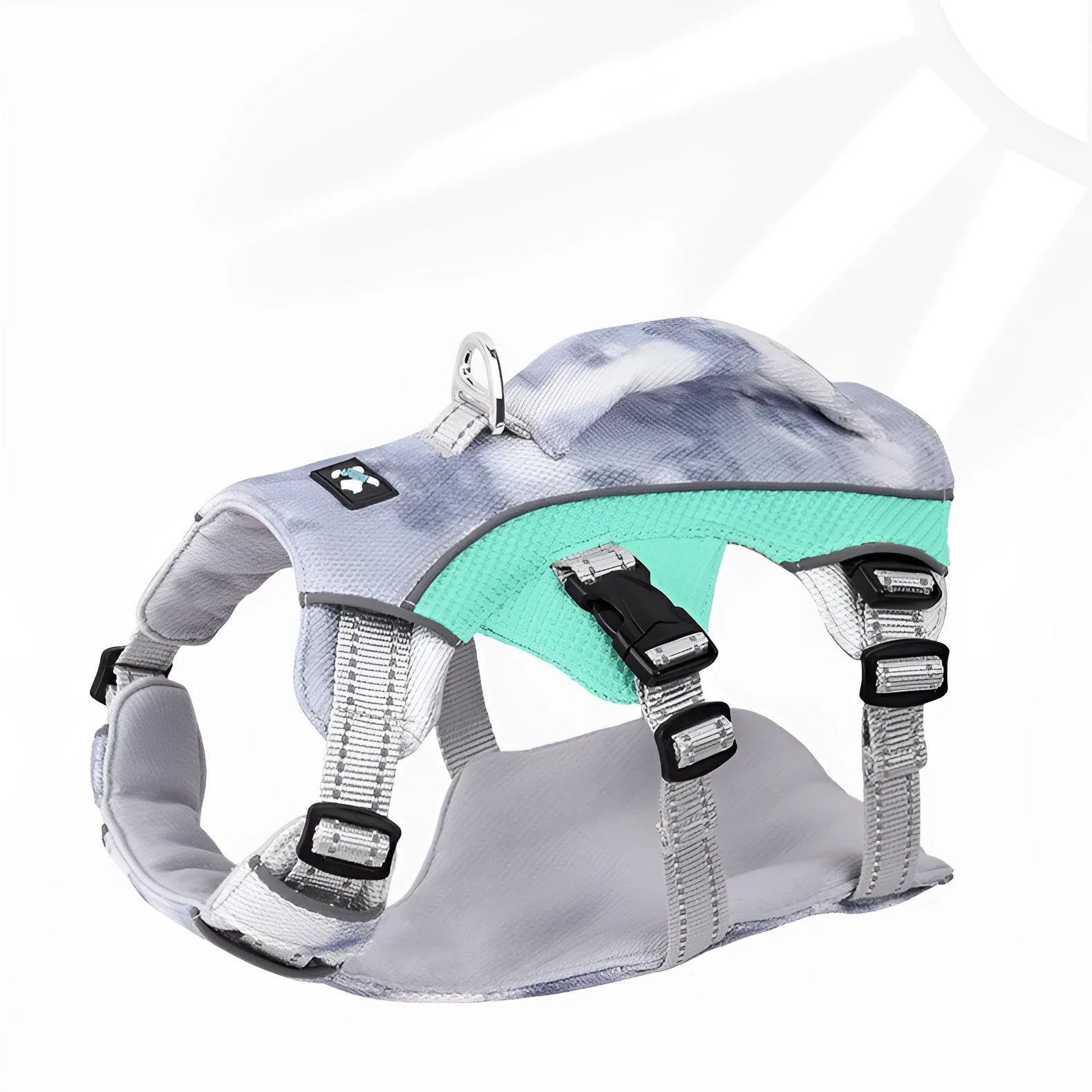 Reflective light blue polyester cooling vest and chest strap harness for a dog on a summer walk.