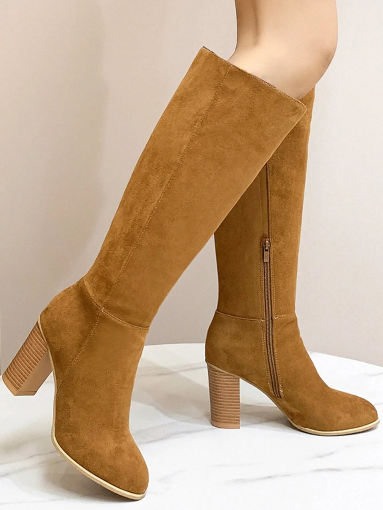 Women's square toe high heel boots in artificial PU material, black and dark brown colour options