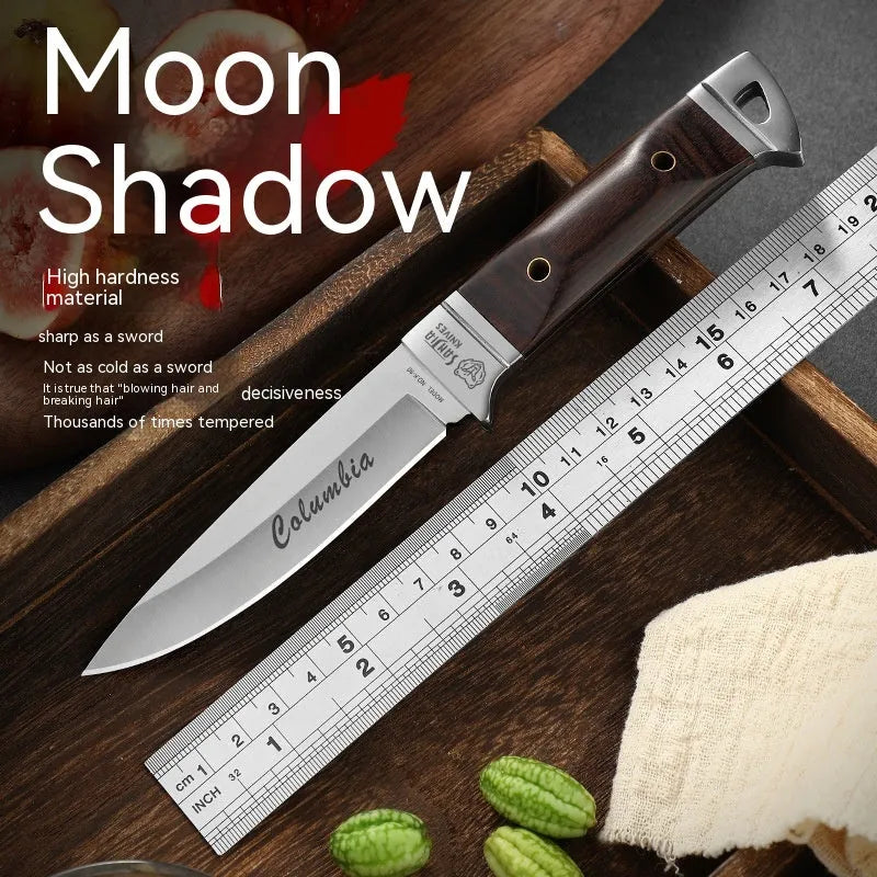 Camping portable fruit knife with leather case and stainless steel blade