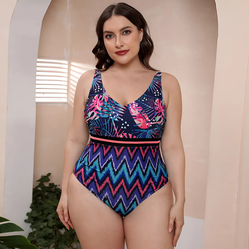 Women's striped vest-style one-piece swimsuit with spaghetti straps and printed pattern