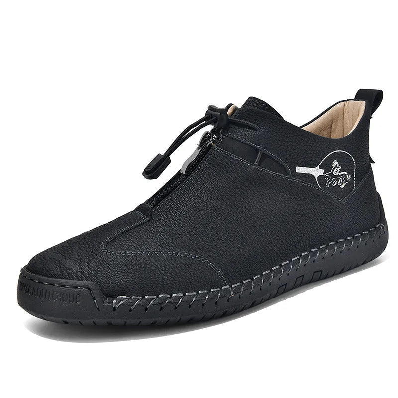 Men's casual leather shoe in green with a tall crown, round toe, mid heel, and rubber sole.
