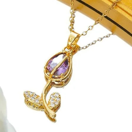 Zircon tulip necklace for women with electroplated C383 gold finish and adjustable titanium steel chain