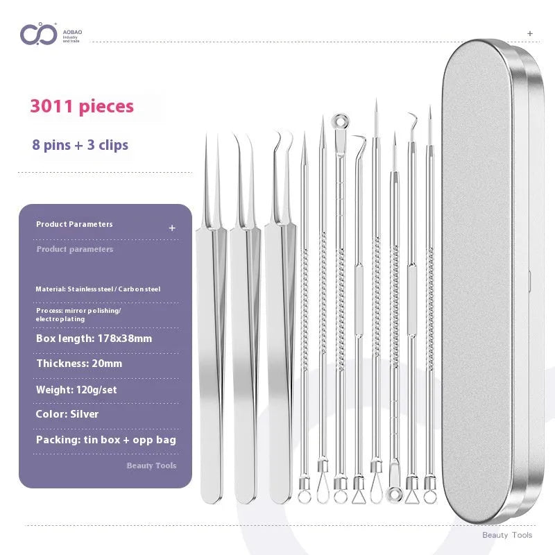 Four metal acne needles with pointed tips arranged on a clean surface.