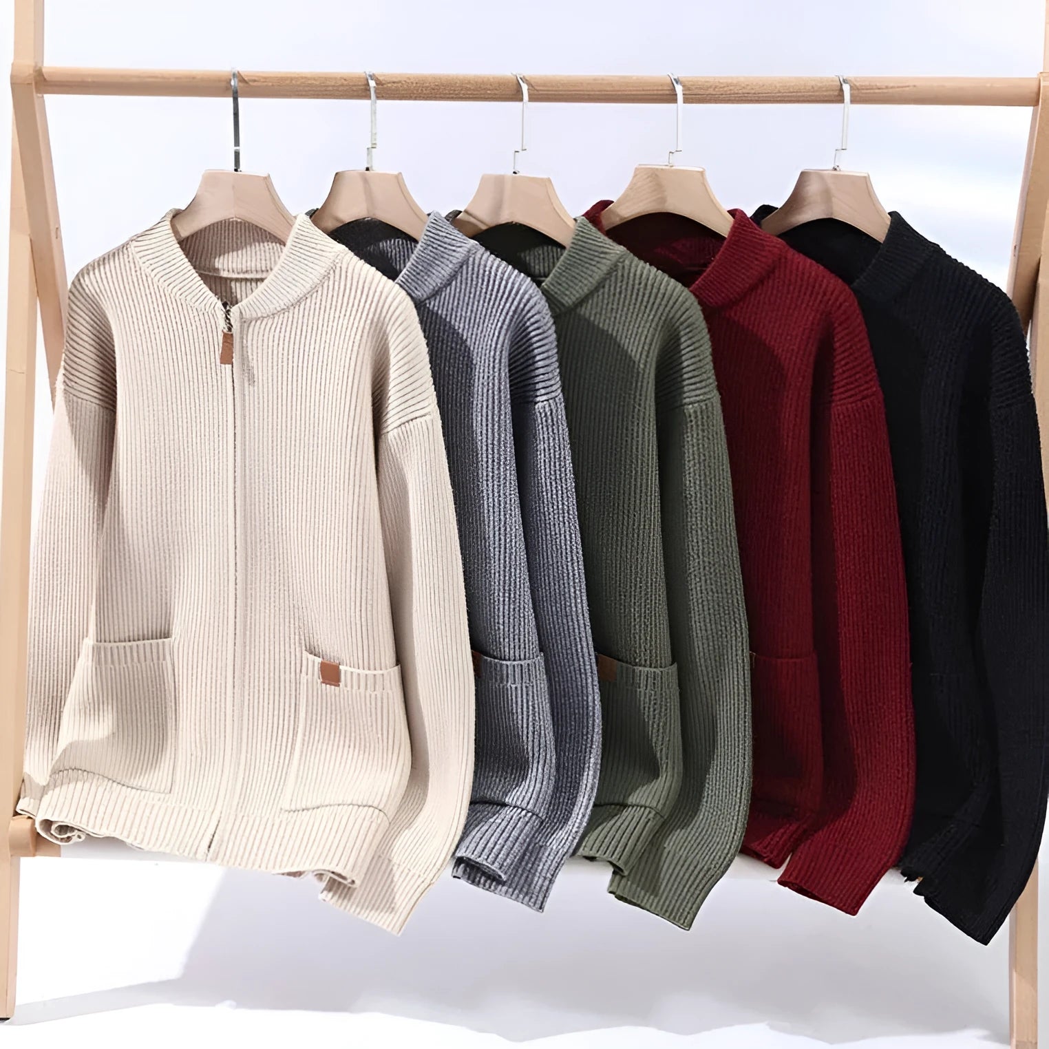 Men's beige striped straight fit cardigan jacket on a hanger.
