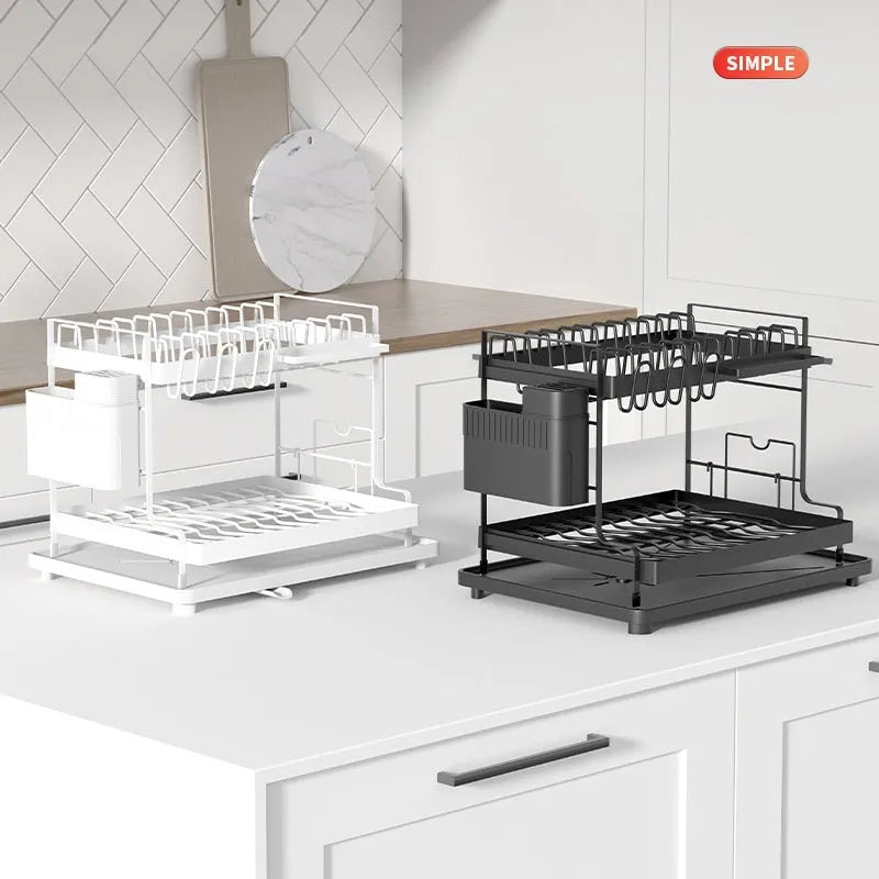 White double-layer steel wire storage rack with removable draining section