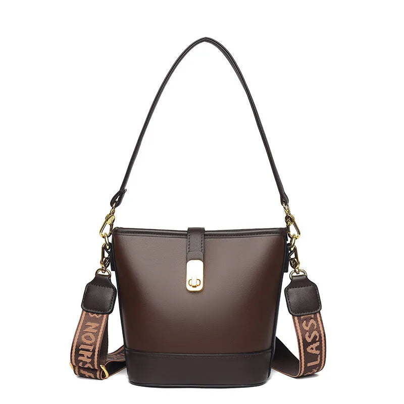 Korean-style black bucket messenger bag with soft PU leather and shoulder straps