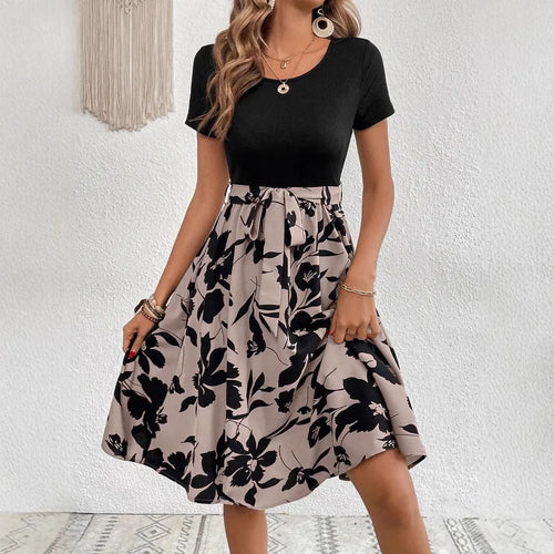 Women's casual A-line dress with plants and flowers printing pattern and shoulder strap detailing