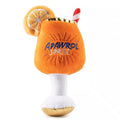 Yellow beer bottle cup-shaped squeaky dog chew toy with teeth cleaning ridges measuring 7cm