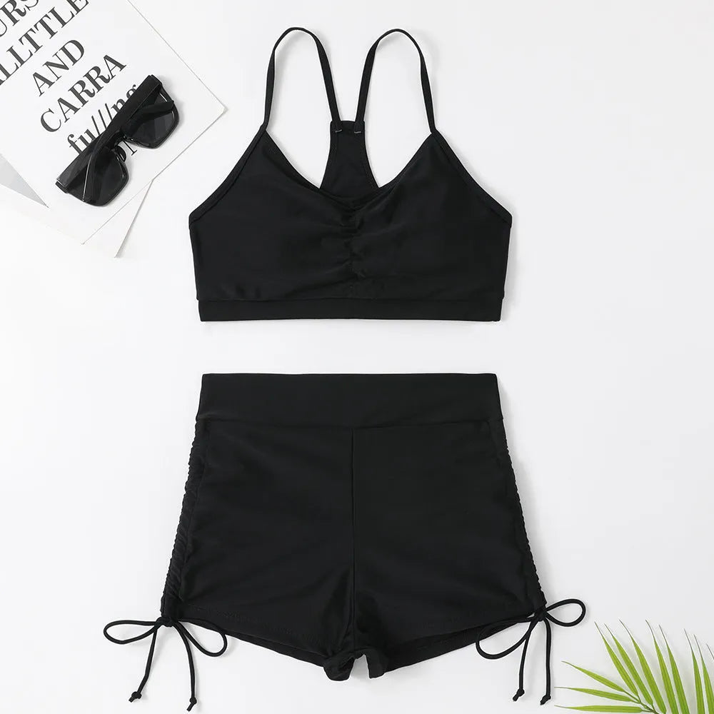 Women's high waist split swimsuit bikini in purple or black with sleeveless design
