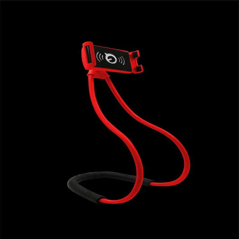 Universal white phone neck holder with 360-degree rotating clamp mounted on a smartphone