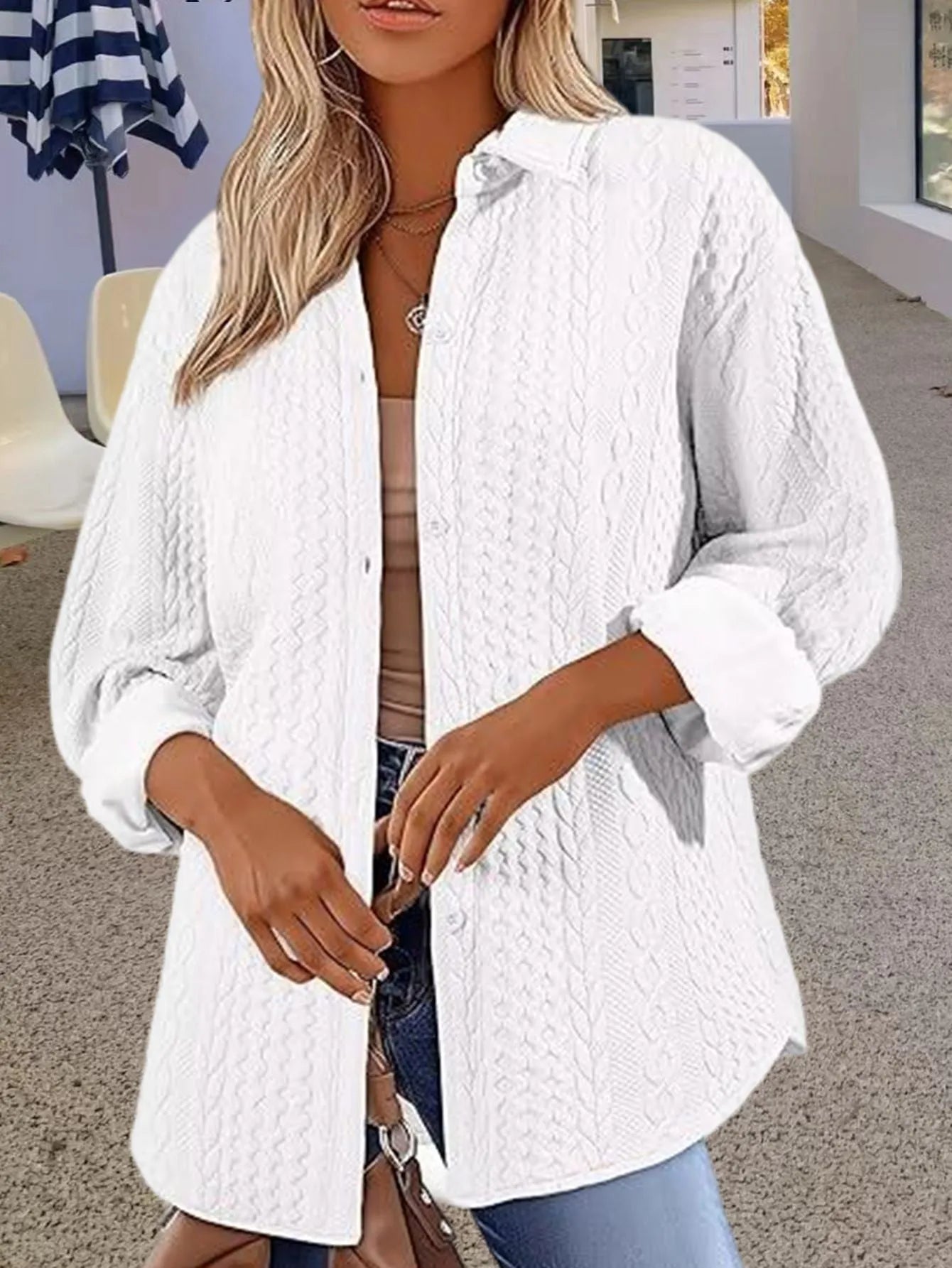 Women's solid colour knitted cardigan sweater with long sleeves in black, white, or khaki options