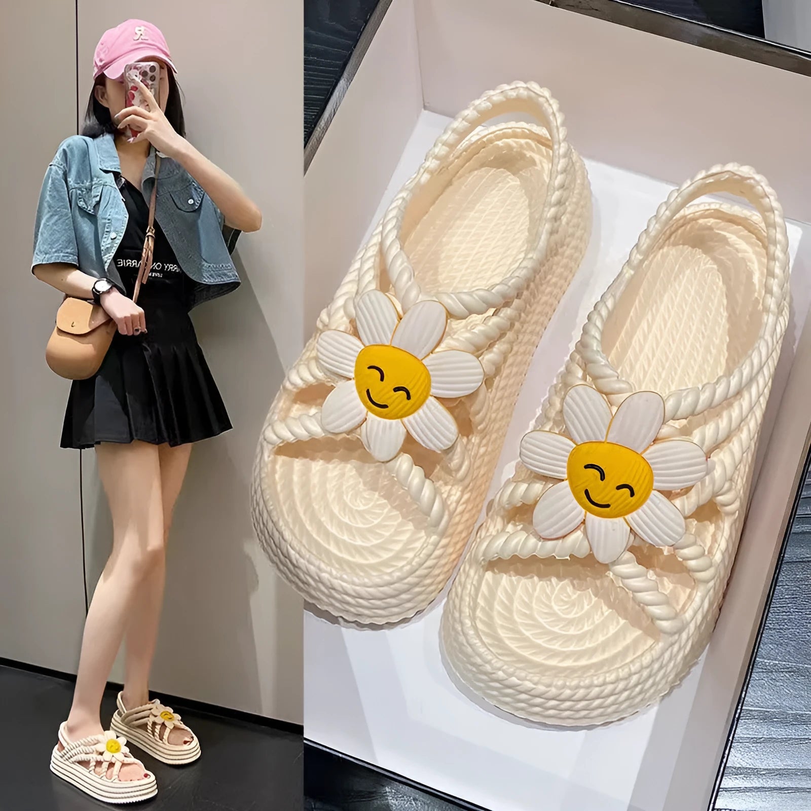 Beige women's flat sandals with a three-flower decoration and a non-slip PVC sole.