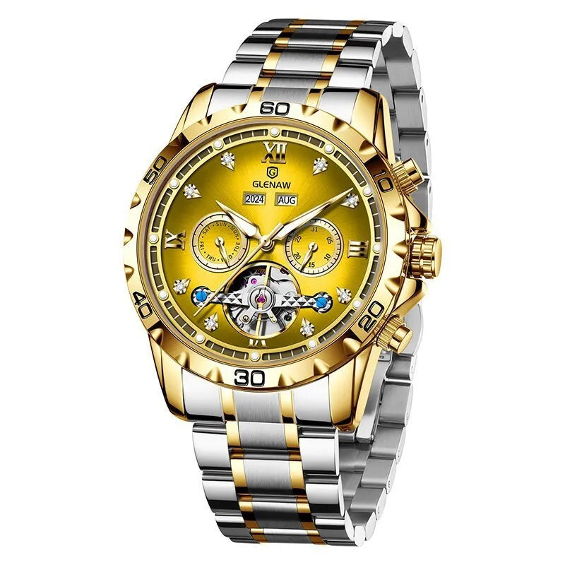 Men's automatic mechanical watch with stainless steel strap and mineral glass lens in silver case blue surface colour