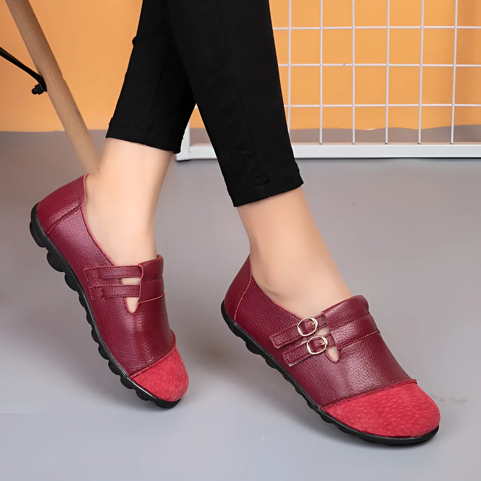 Men's brown leather casual flat shoes with Velcro strap, shown on a white background.
