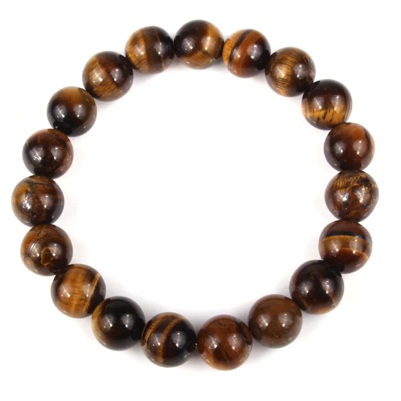 Natural tigereye crystal bracelet with geometric round beads showing colour and size options.