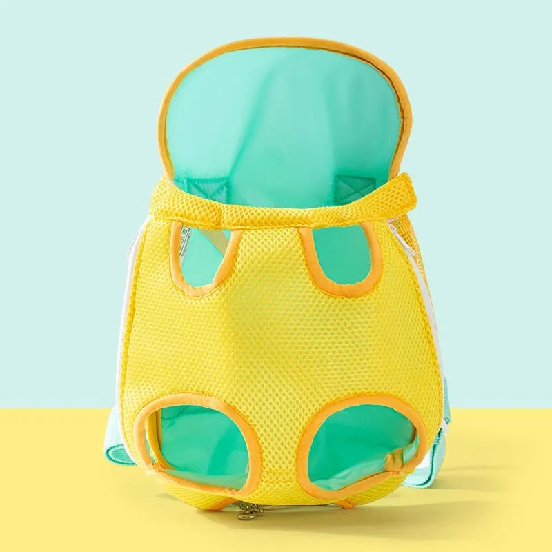 Cartoon cute chest bag pet carrier with animal pattern, soft canvas construction, and colourful stitching details
