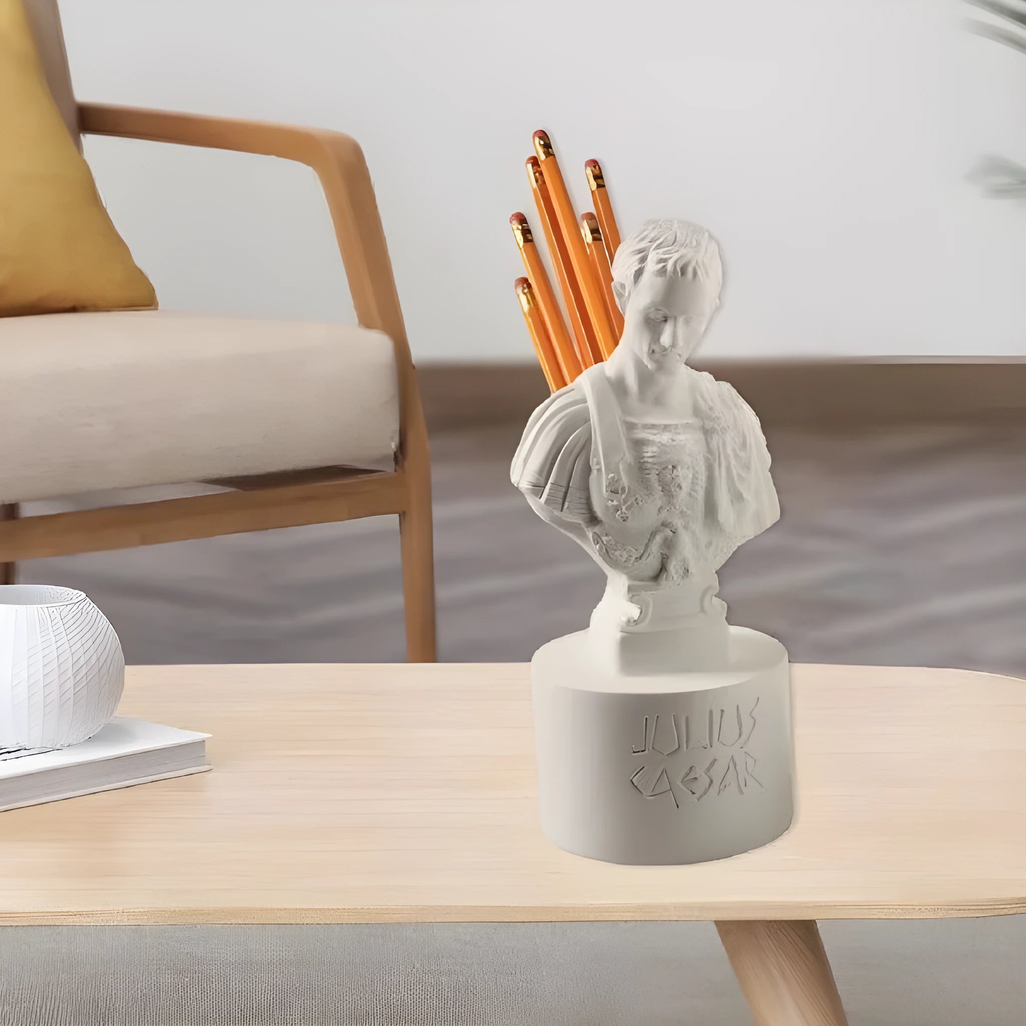 White American creative character synthetic resin pen holder on a desk.