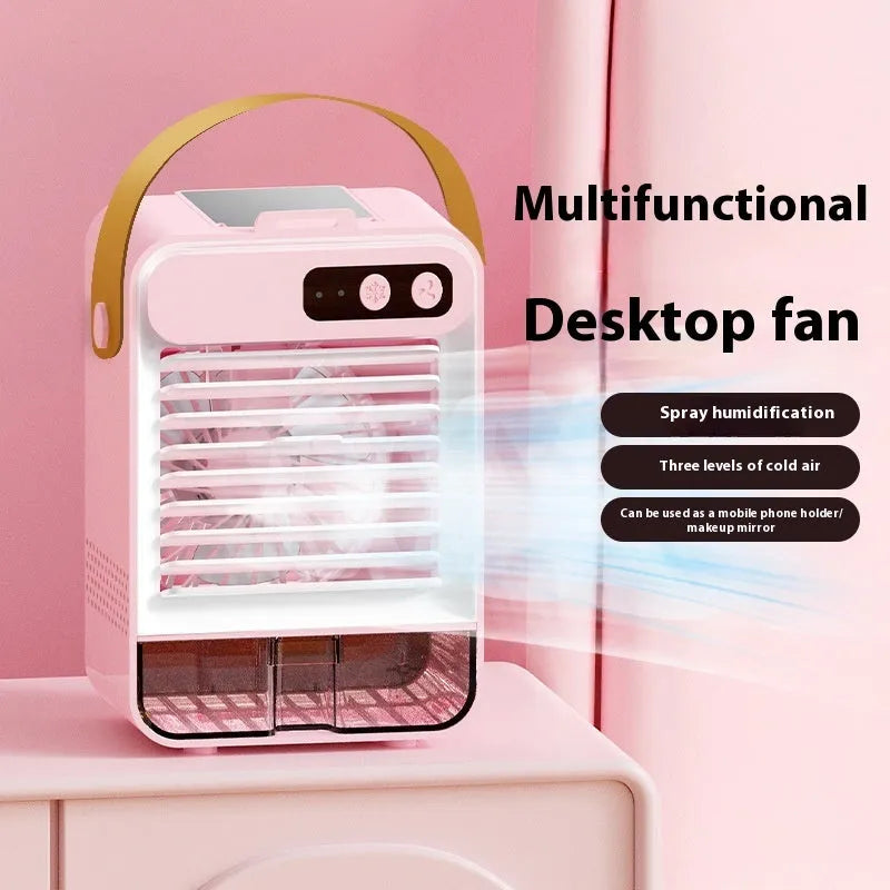 Dark Green compact USB desk fan with five plastic blades on a desk.