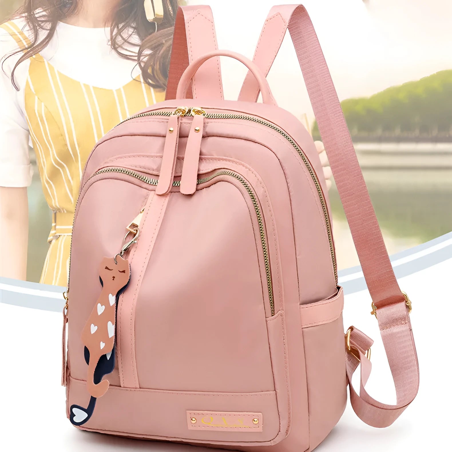 Women's black waterproof casual backpack with double shoulder straps and internal organisation compartments