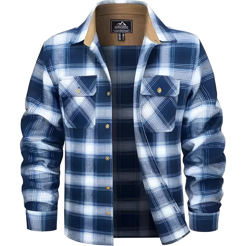 Man wearing a plaid button-down flannel shirt in cardigan style, showcasing orange and green colour options.