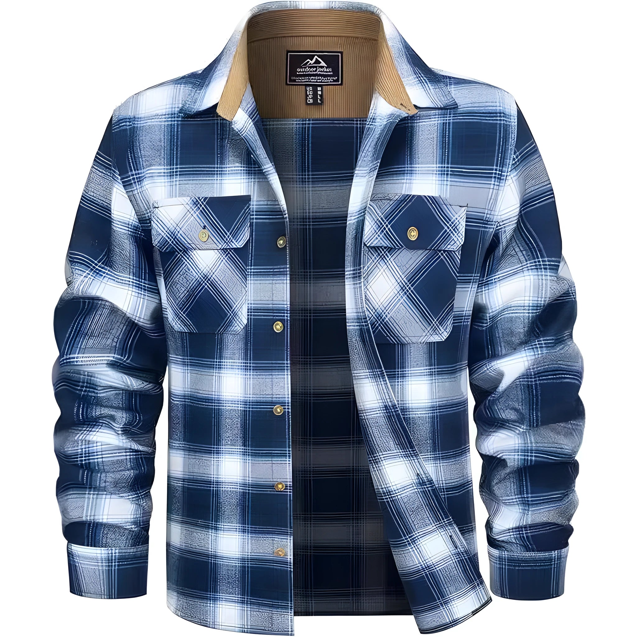 Man wearing a plaid button-down flannel shirt in cardigan style, showcasing orange and green colour options.