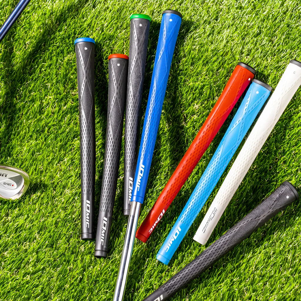 TPE material golf club replacement grip in various colours including pink, red, blue, white and two-tone options.
