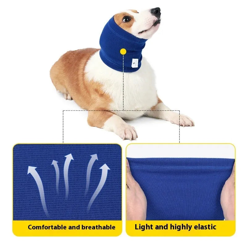 A blue or grey polyester headband scarf for dogs, shown in small, medium, and large sizes.
