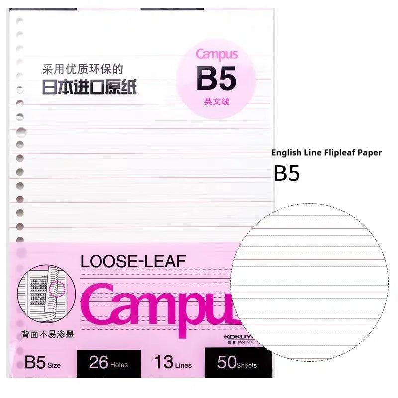 Refillable loose-leaf spiral notebook with PP cover open, showing raw wood pulp paper in grid ruling.