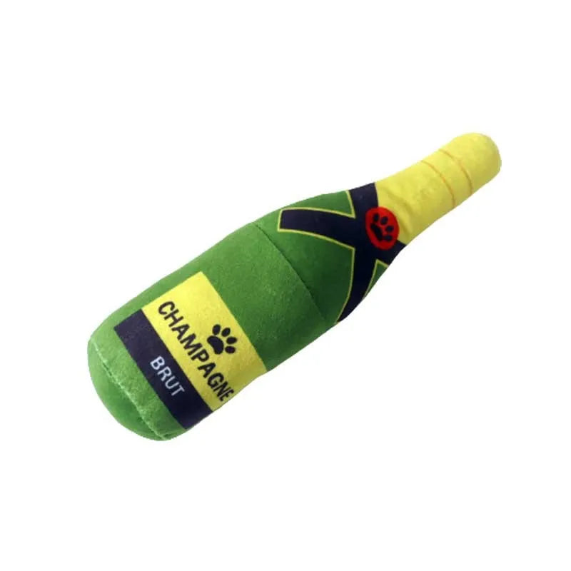 Plush wine bottle shaped dog toy in assorted colours including green, orange, red, black, coffee and white