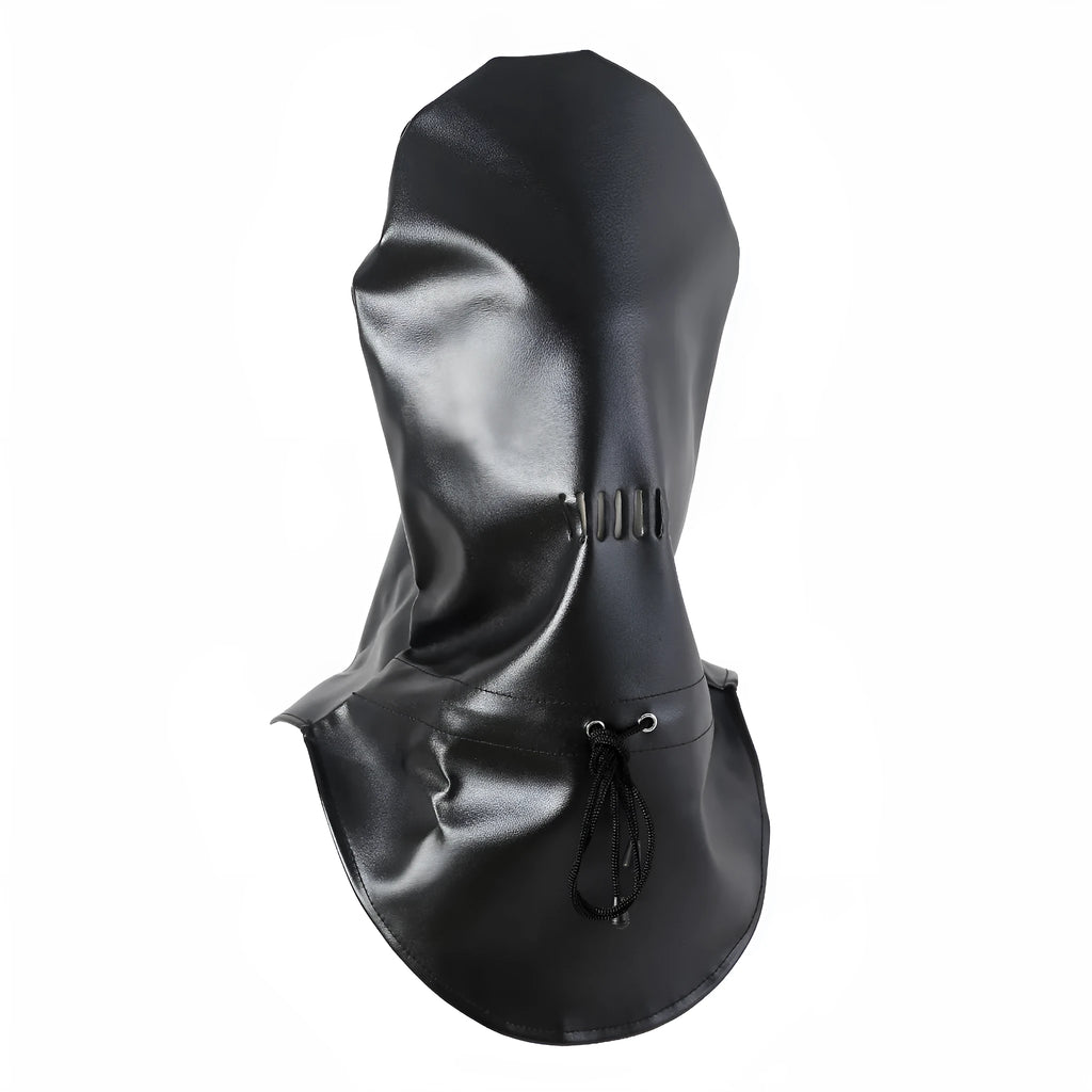 Black leather adult face mask for BDSM role-play training.