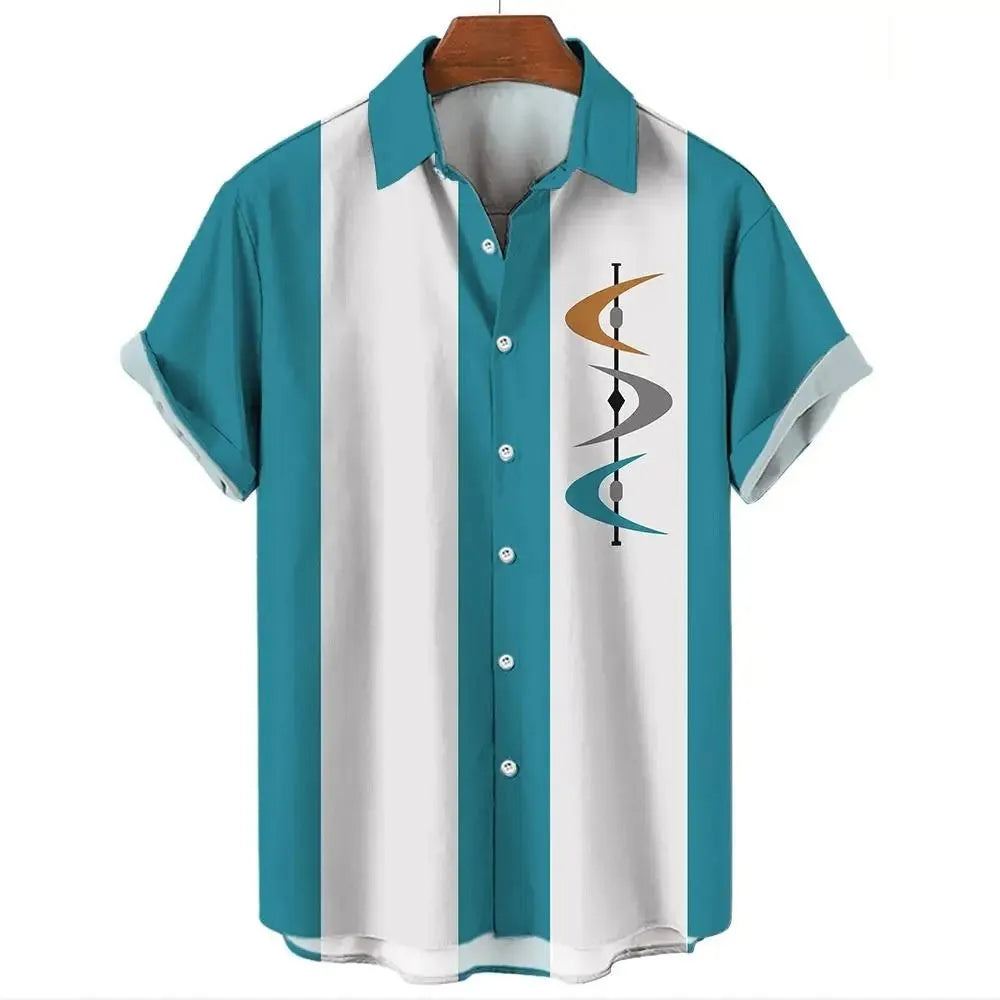Men's striped Hawaiian shirt in polyester fabric with button-up short sleeves