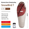 Goose down mummy sleeping bag shown with storage bag for camping and outdoor use