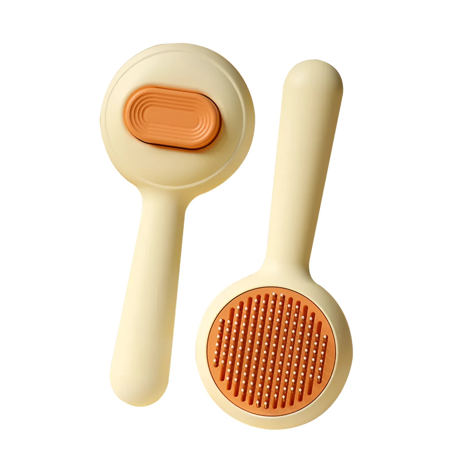 Green pet grooming brush with stainless steel comb pins and non-slip handle for cats and small dogs