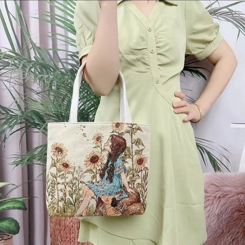 Handheld canvas bag with gold wire embroidery, shown in one of seven colour designs.