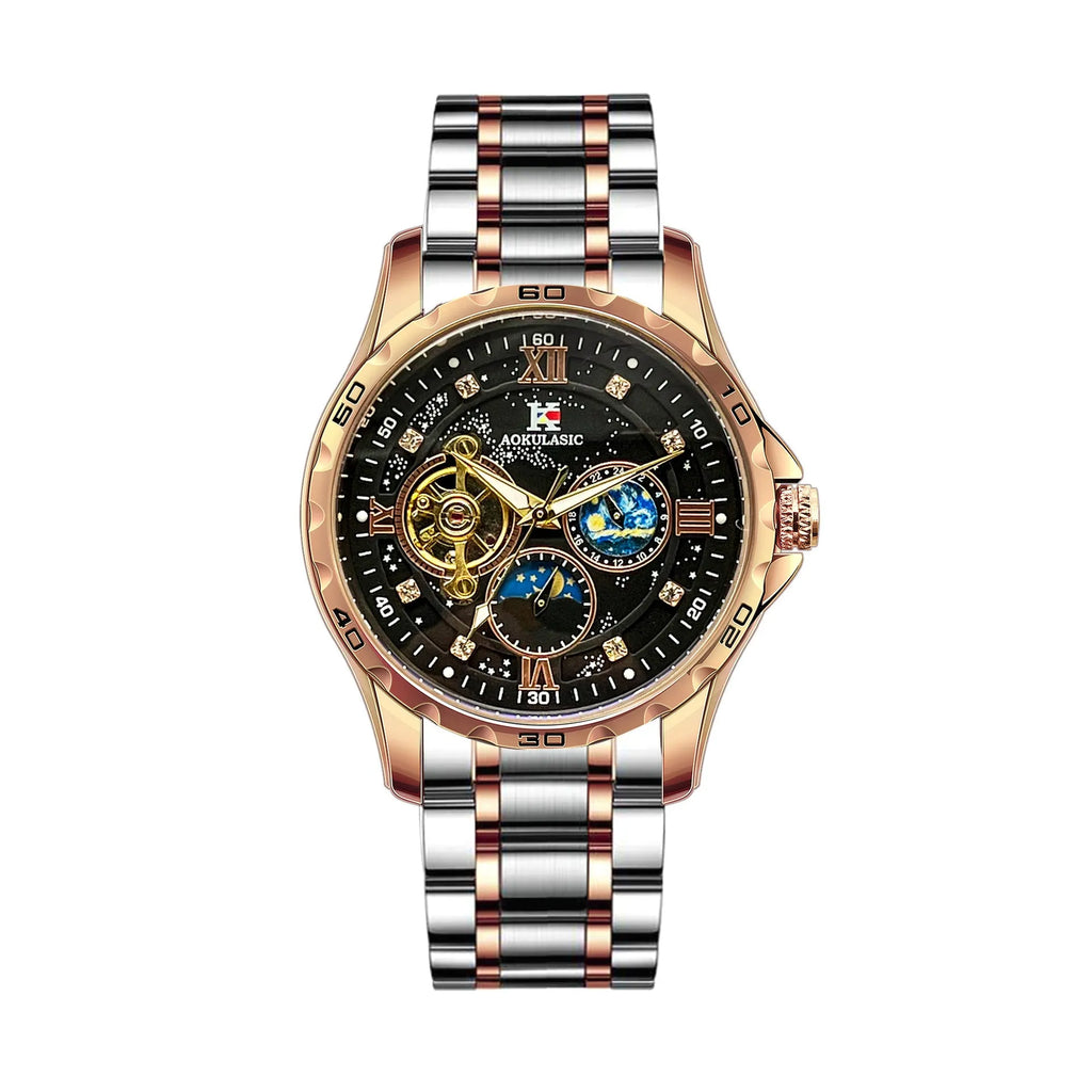Men's automatic mechanical watch with rose gold case and black dial, 12mm thickness