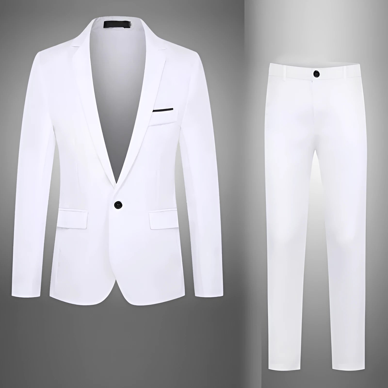 Men's loose-fit wedding suit jacket in acetate fibre, shown in multiple colours including black, grey, and wine red.