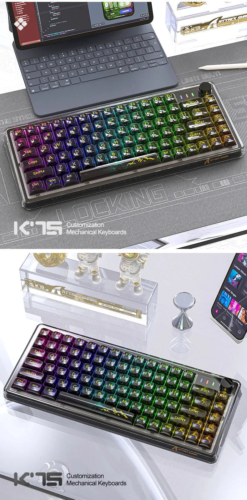 Attack Shark K75RGB wireless mechanical keyboard with transparent black or white PC case and RGB lighting.