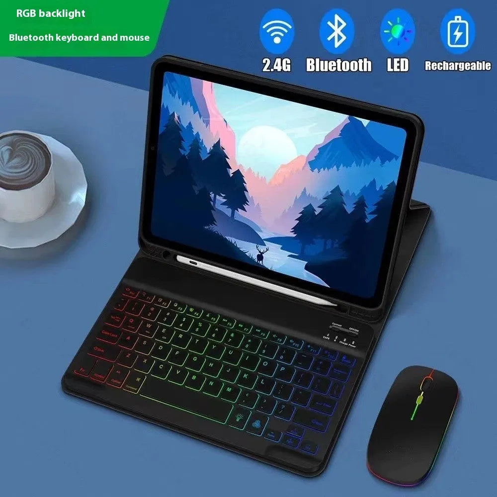 Colourful iPad leather case with attached luminous RGB backlit Bluetooth keyboard on a desk.