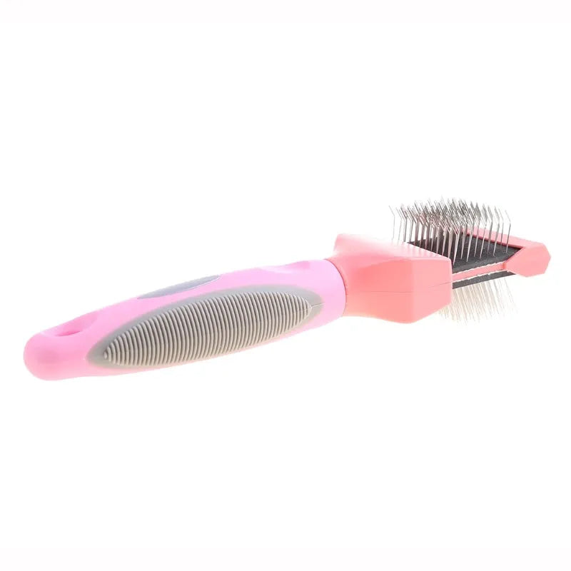 Double-sided pet grooming brush with stainless steel pins and blue ergonomic handle