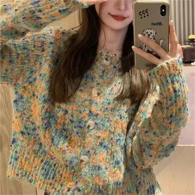 Retro style knitted rainbow cardigan sweater in pink or green colour with slim fit design