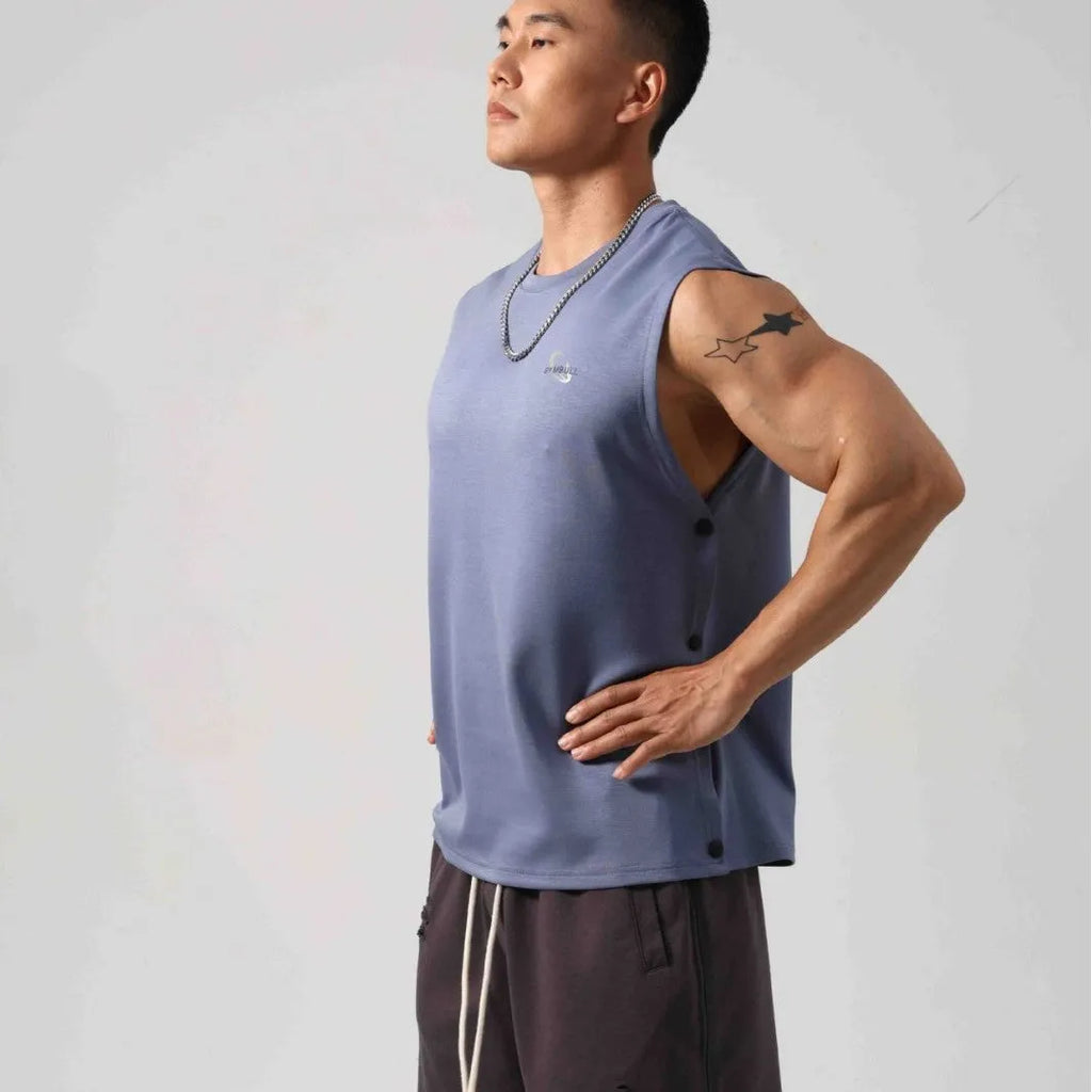 Men's loose cotton fitness vest with hidden hook side openings in black colour