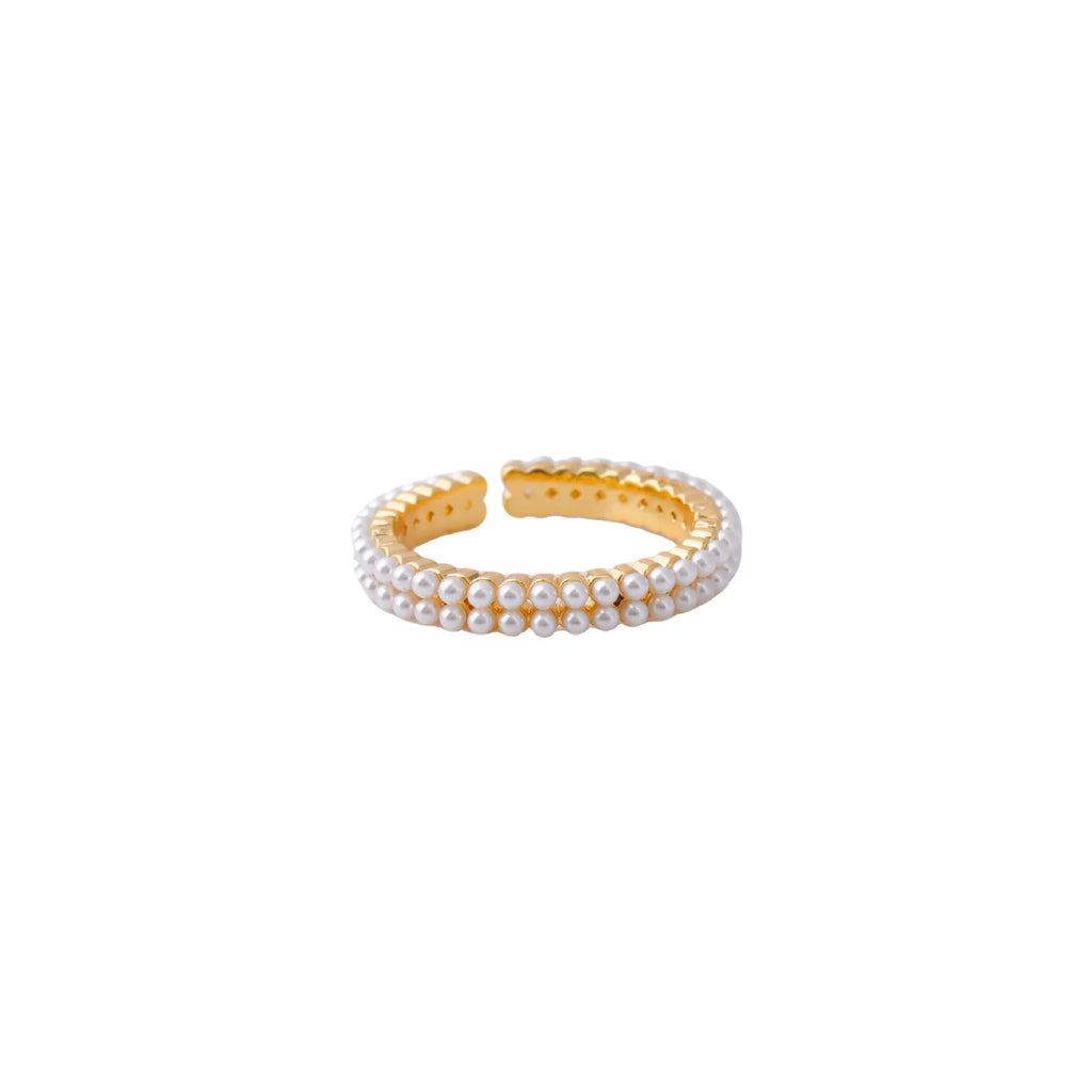 Geometric open mouth ring with electroplated gold finish and round pearl elements
