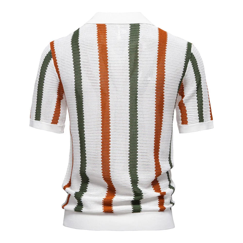 Men's striped short-sleeved polo shirt in breathable hollow knit fabric, shown in light blue colour with mosaic detail.