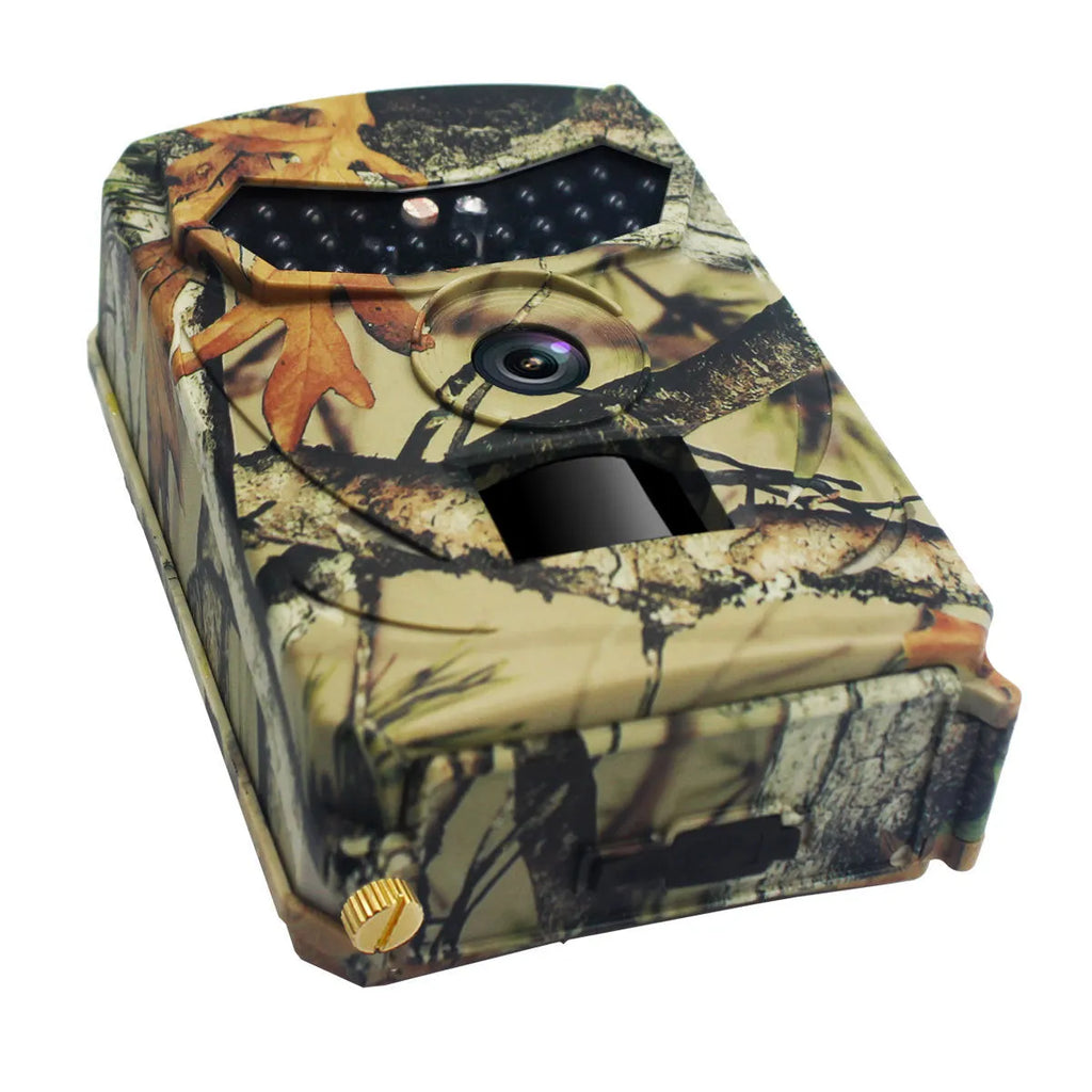 Yellow brown coloured plastic hunting game camera with infrared LEDs and lens, shown with its dimensions.