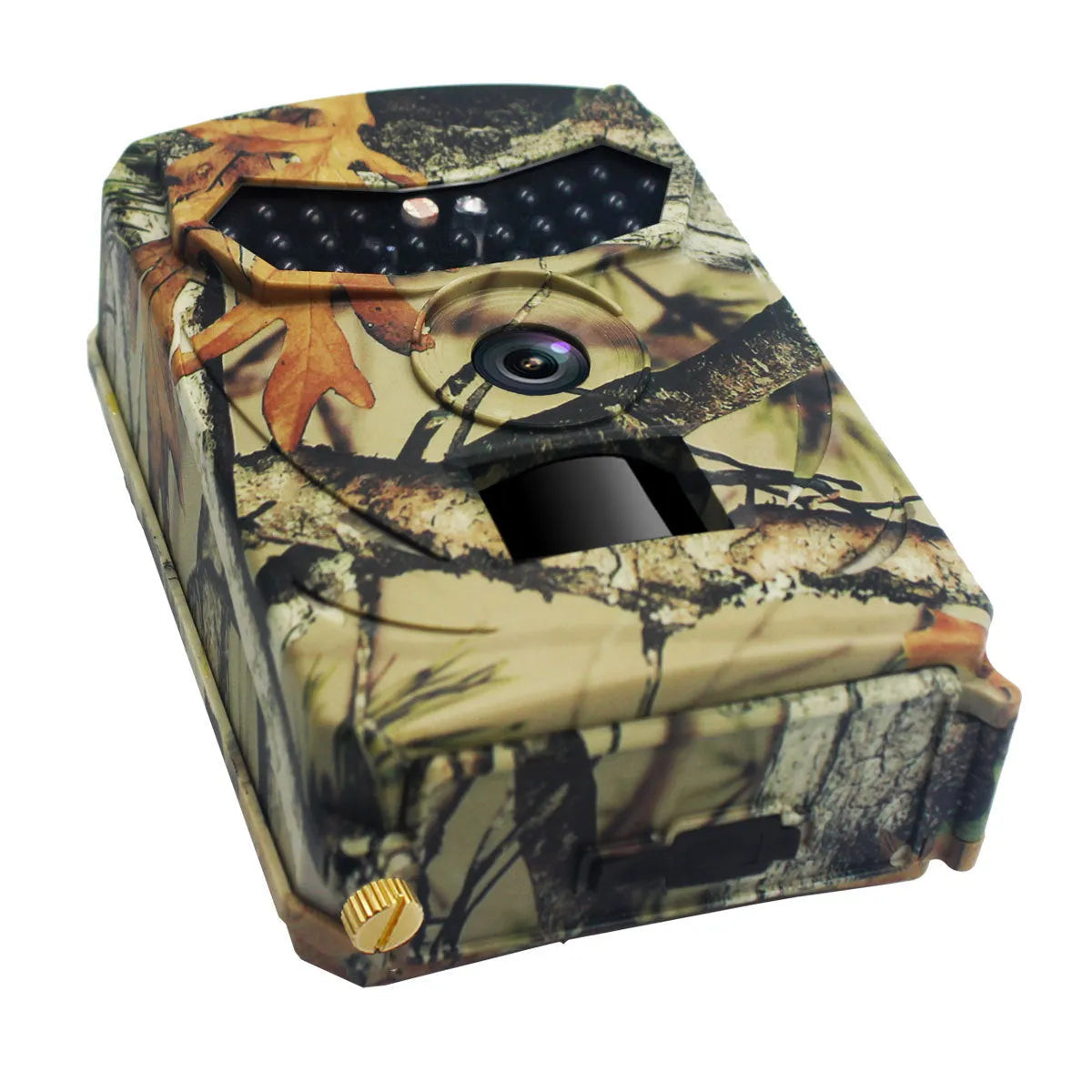 Yellow brown coloured plastic hunting game camera with infrared LEDs and lens, shown with its dimensions.