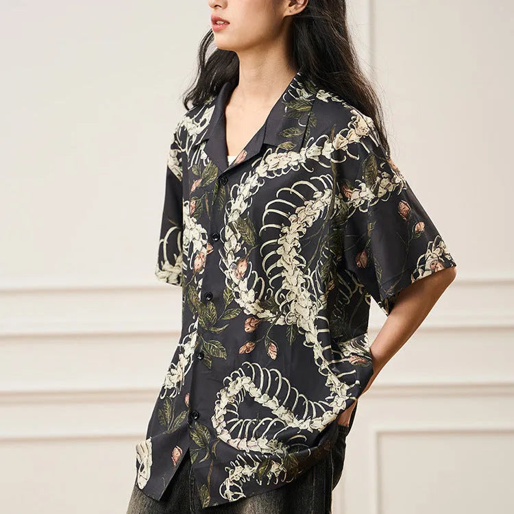 Short sleeve Cuban collar shirt with snake bone and floral pattern printed design