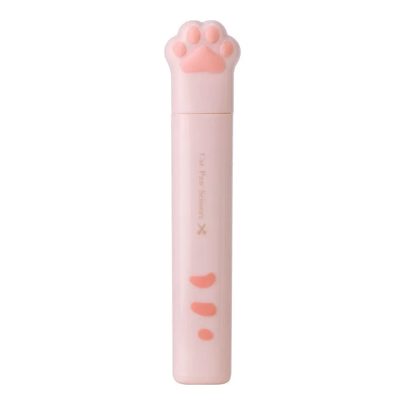 Mini folding craft scissors with cat paw handles in four colours: black, blue, pink, and white.