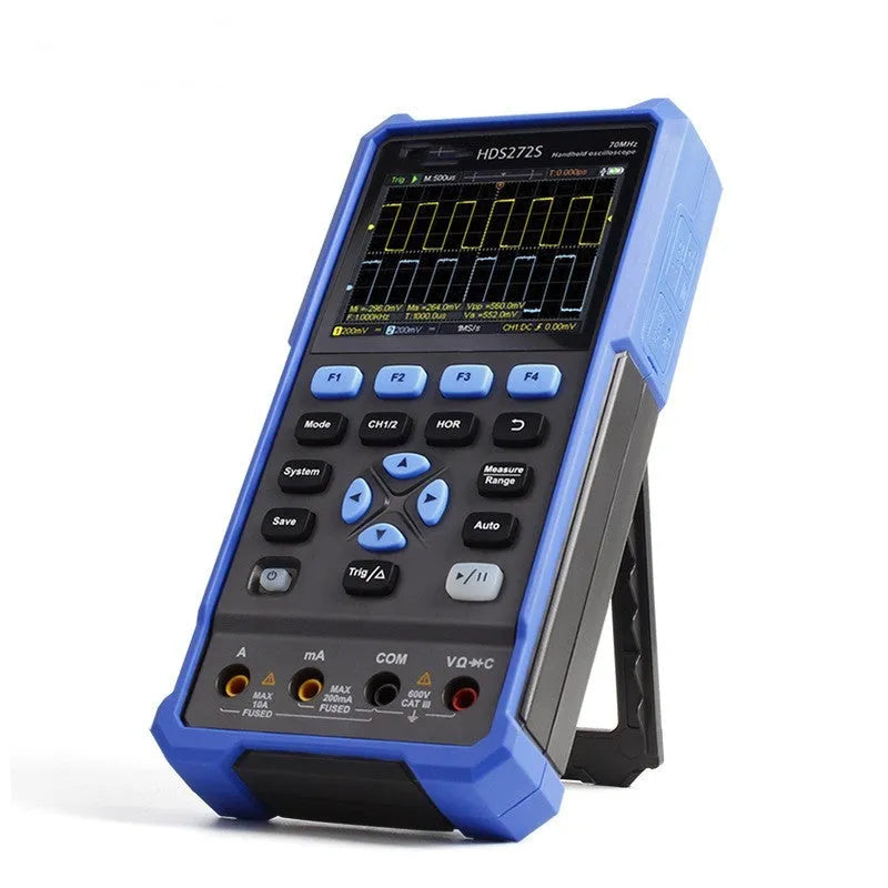 Handheld digital oscilloscope with colour display showing waveform measurement for automotive diagnostics