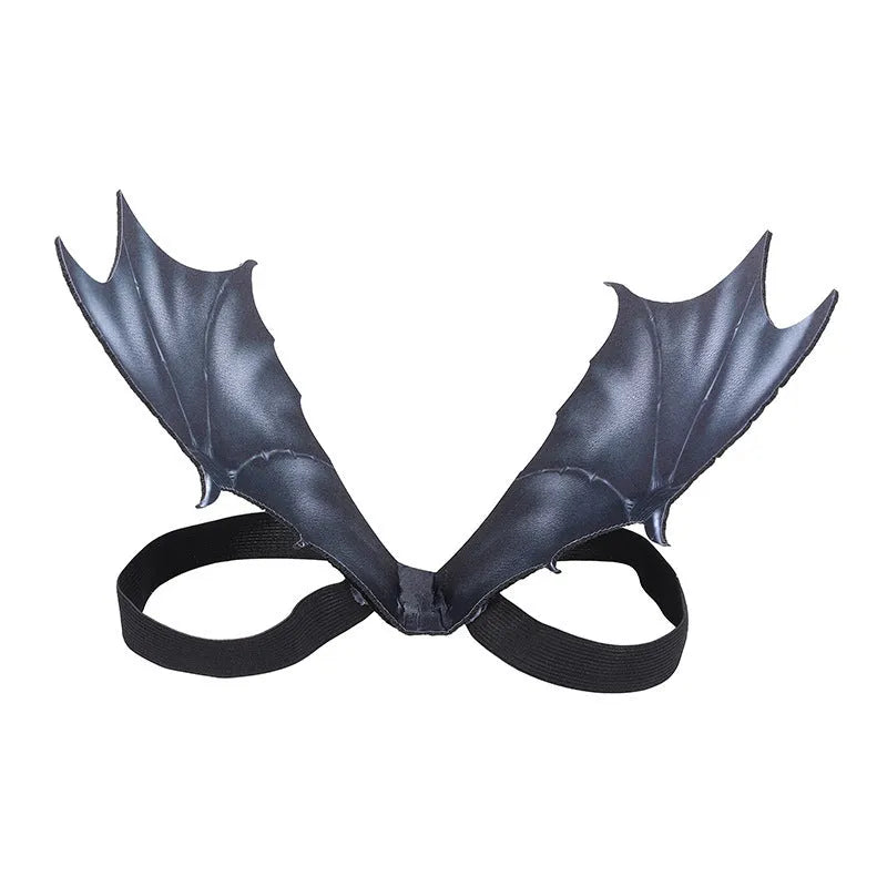 Black cloth bat wing Halloween costume for pets shown in three sizes